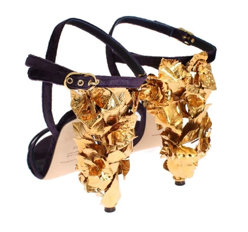 Purple Velvet Gold Leaf Sandal Shoes