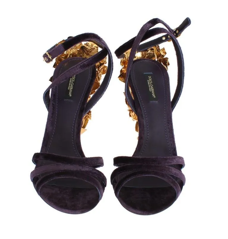 Purple Velvet Gold Leaf Sandal Shoes