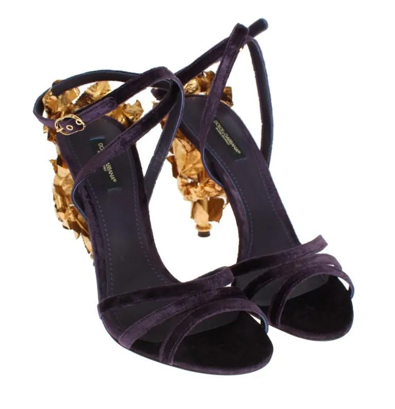 Purple Velvet Gold Leaf Sandal Shoes