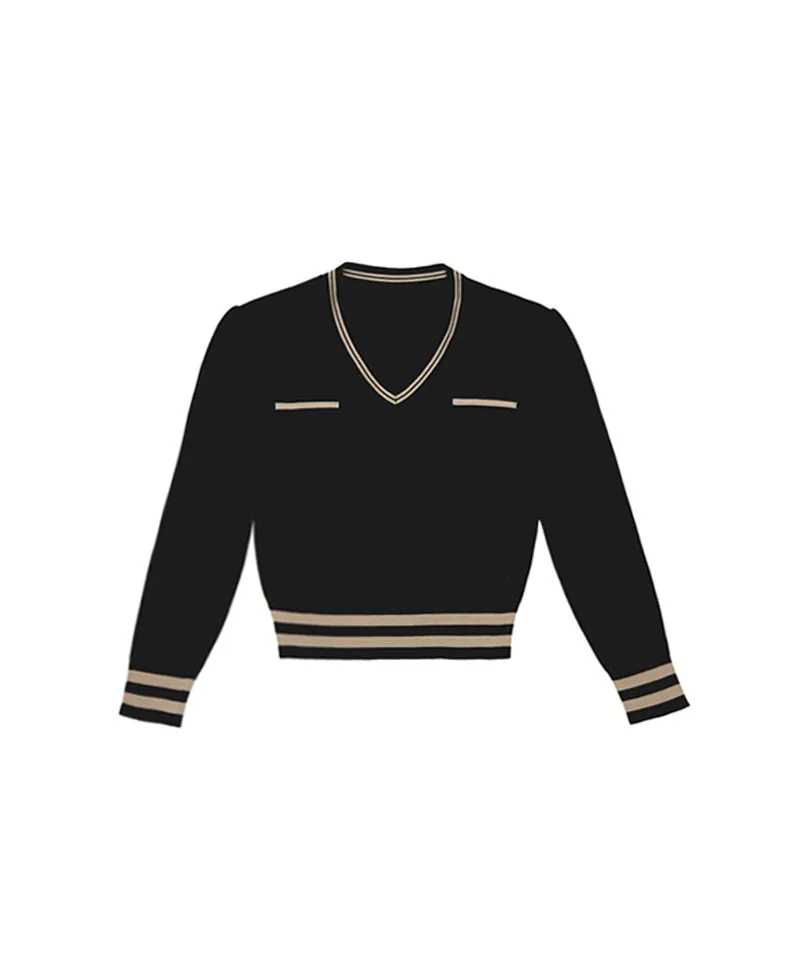 Q.C PLAY: Pocket Line Color Block V-Neck Long Sleeve Knit - 2 colors