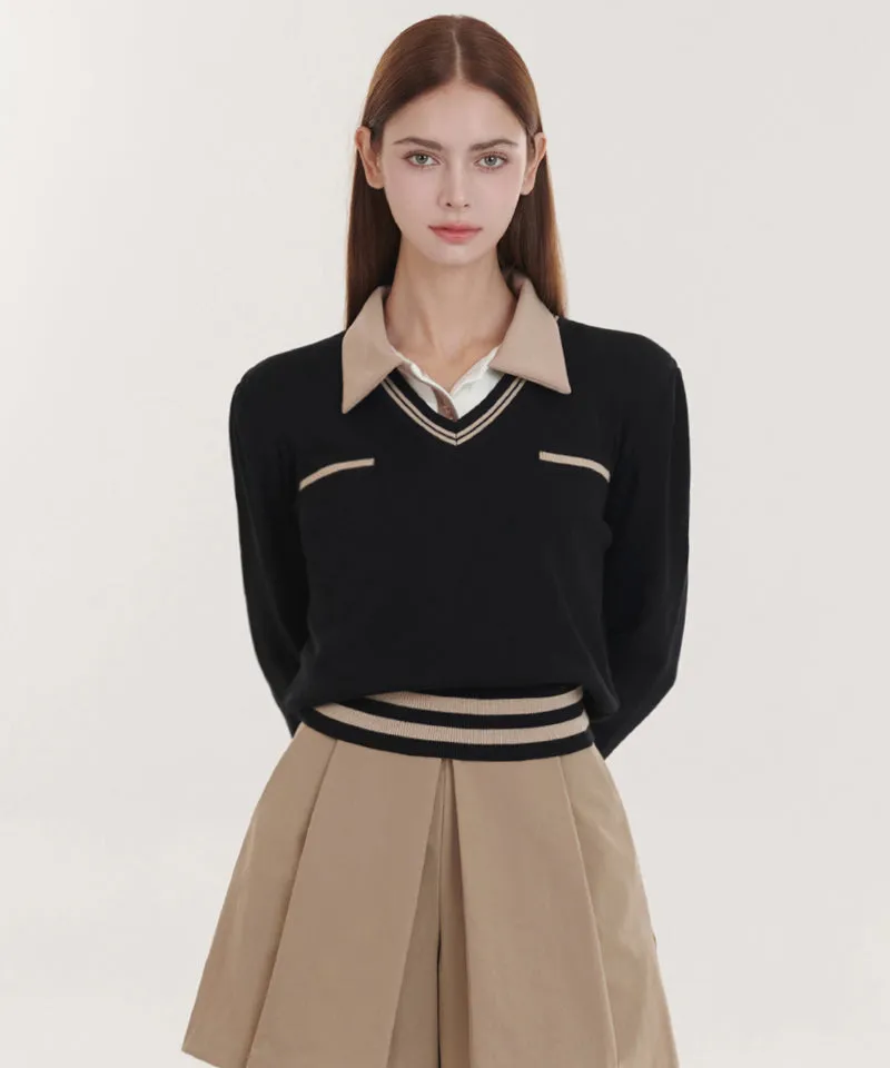 Q.C PLAY: Pocket Line Color Block V-Neck Long Sleeve Knit - 2 colors