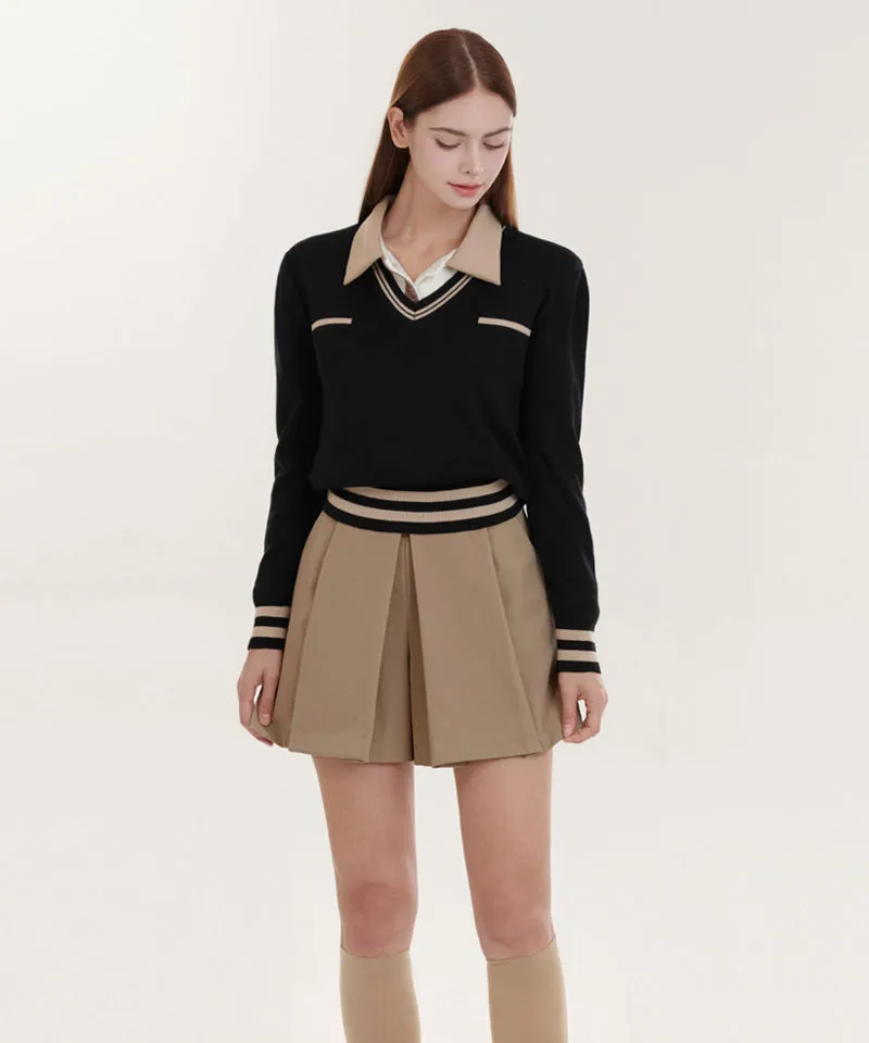 Q.C PLAY: Pocket Line Color Block V-Neck Long Sleeve Knit - 2 colors