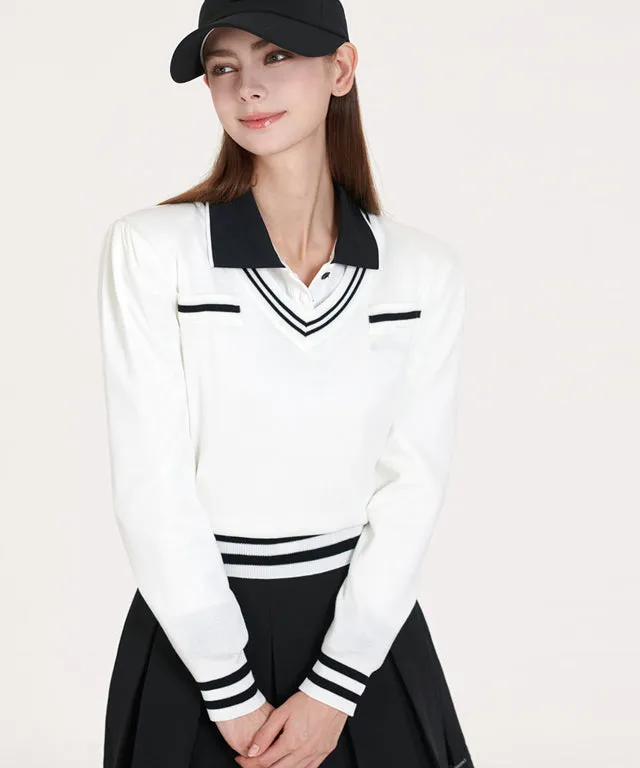 Q.C PLAY: Pocket Line Color Block V-Neck Long Sleeve Knit - 2 colors