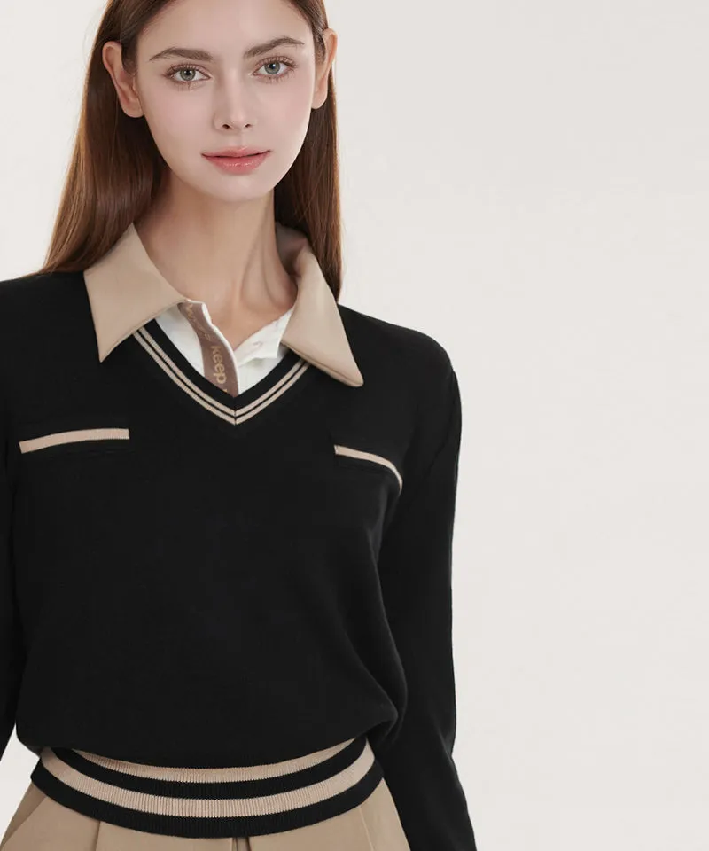 Q.C PLAY: Pocket Line Color Block V-Neck Long Sleeve Knit - 2 colors