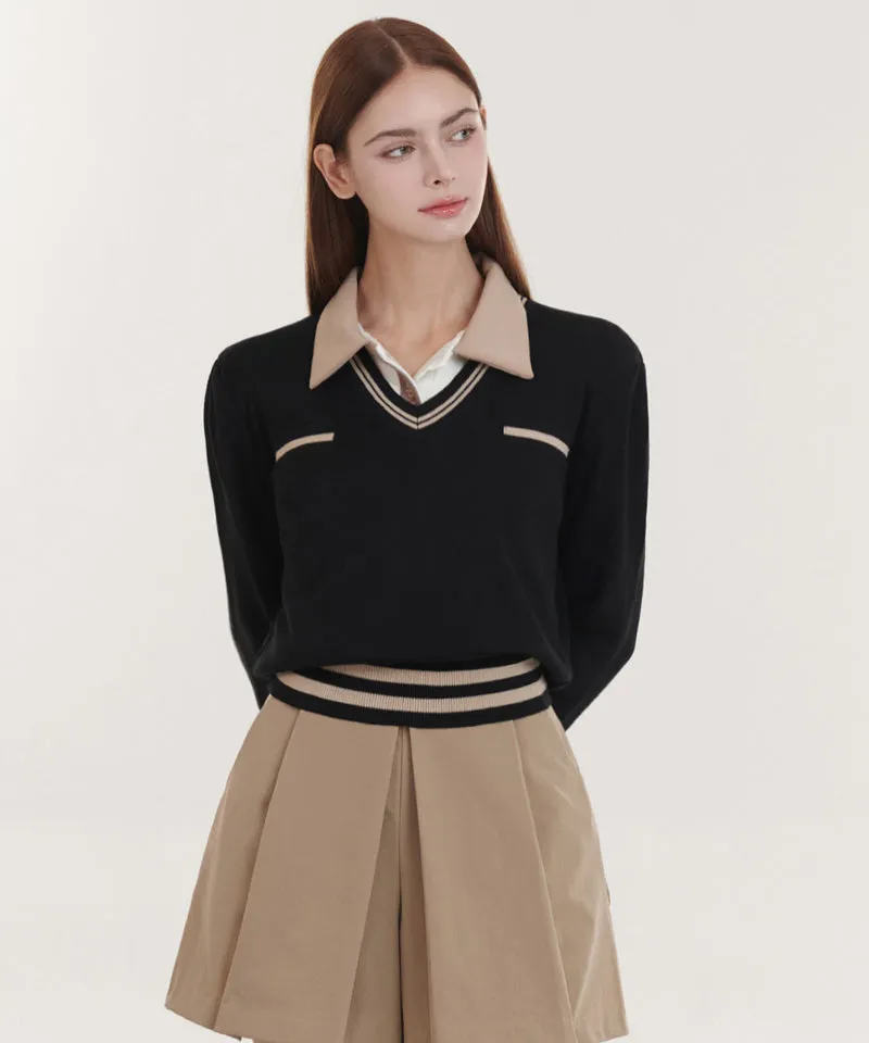 Q.C PLAY: Pocket Line Color Block V-Neck Long Sleeve Knit - 2 colors