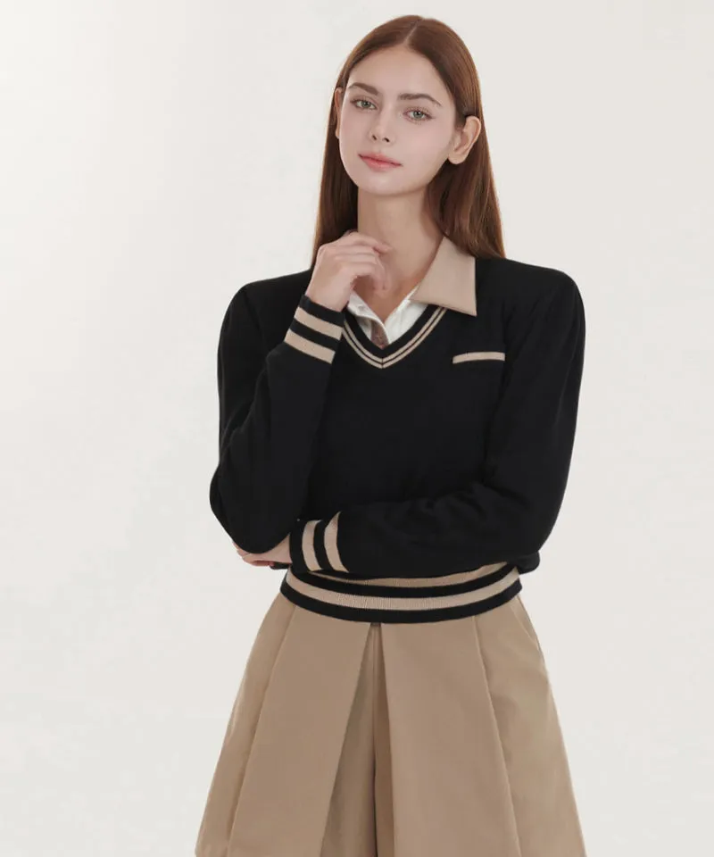 Q.C PLAY: Pocket Line Color Block V-Neck Long Sleeve Knit - 2 colors