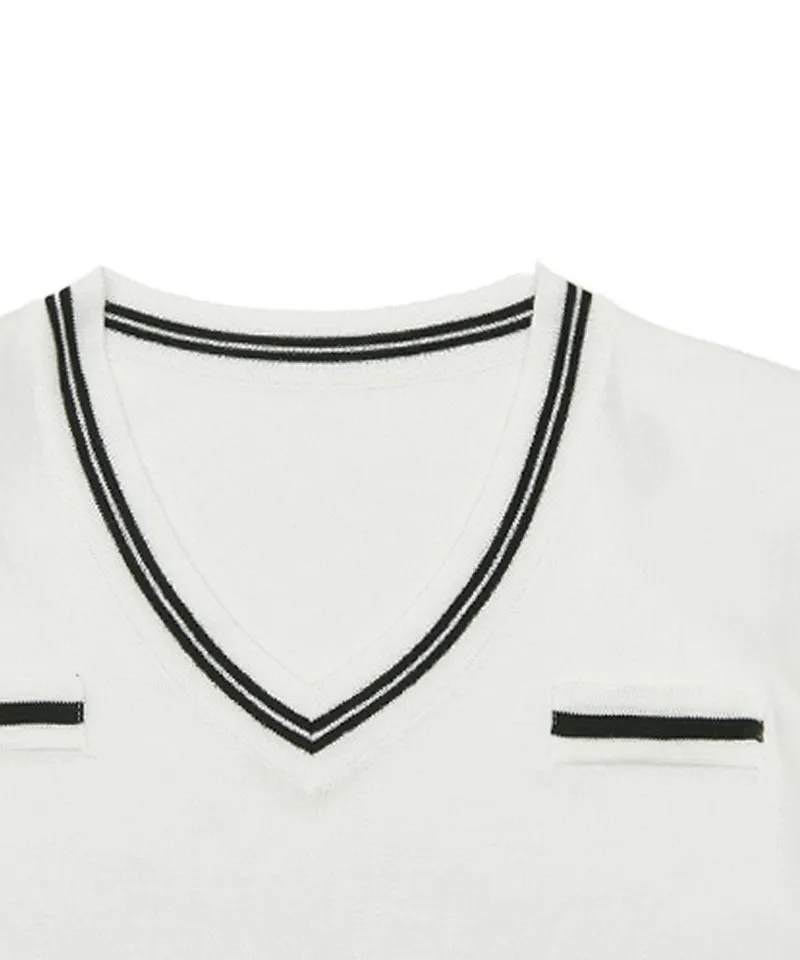 Q.C PLAY: Pocket Line Color Block V-Neck Long Sleeve Knit - 2 colors