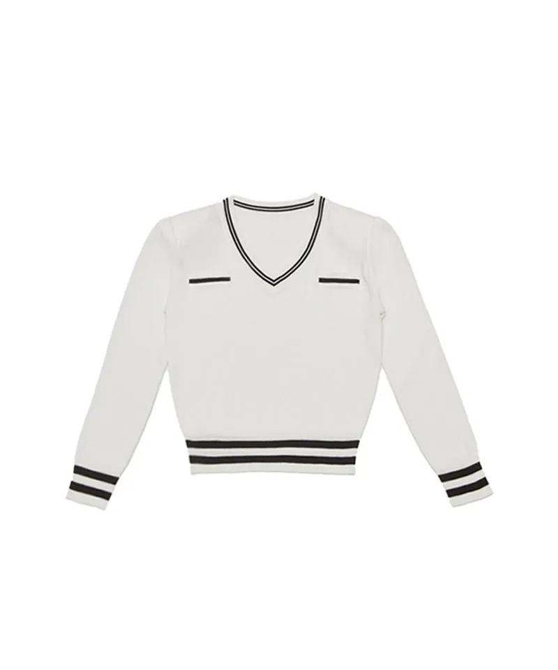 Q.C PLAY: Pocket Line Color Block V-Neck Long Sleeve Knit - 2 colors