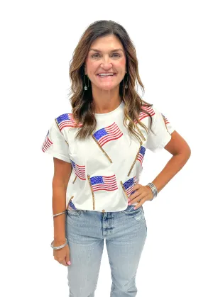 Queen of Sparkles White Scattered Metallic American Flag Tee