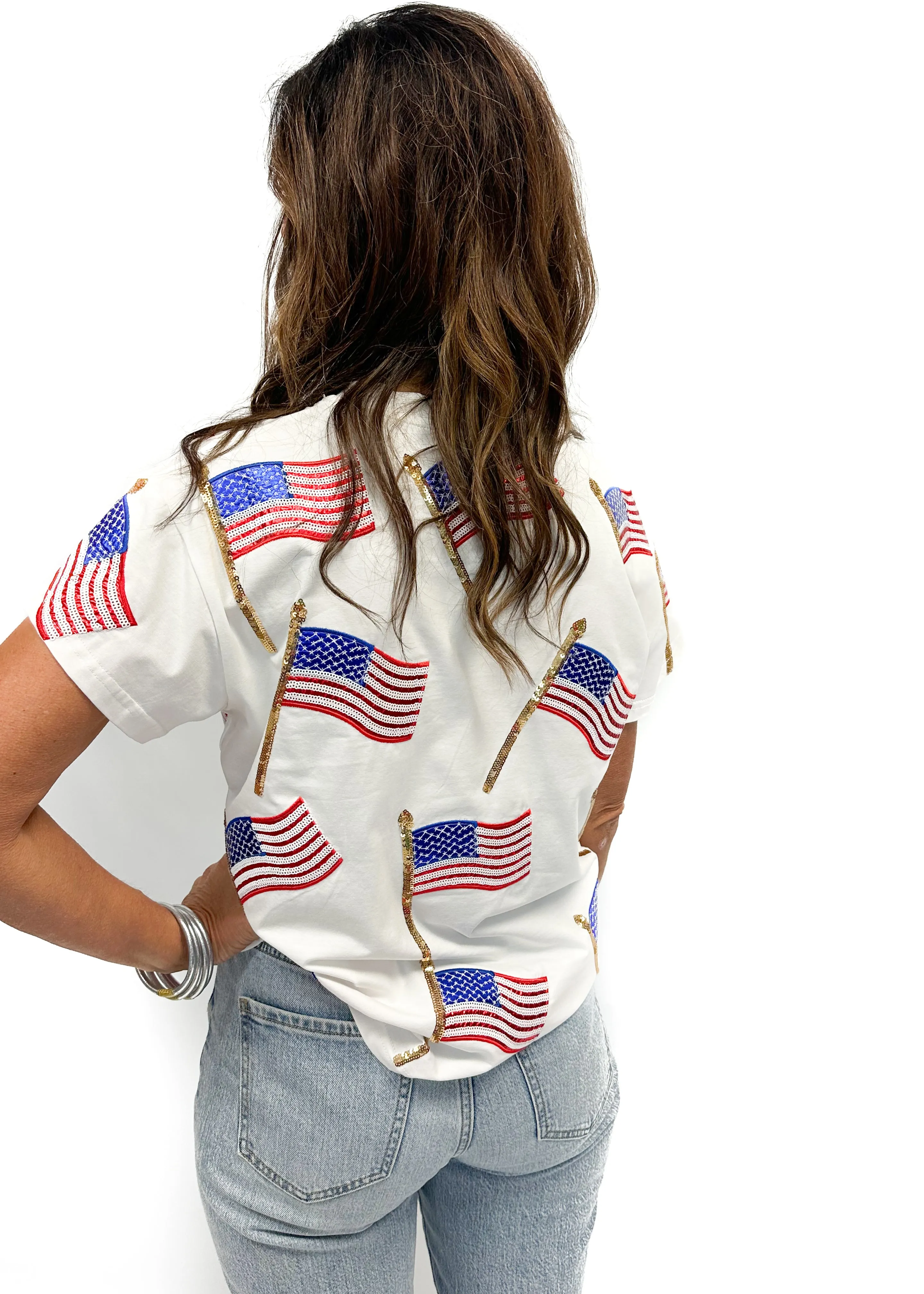 Queen of Sparkles White Scattered Metallic American Flag Tee