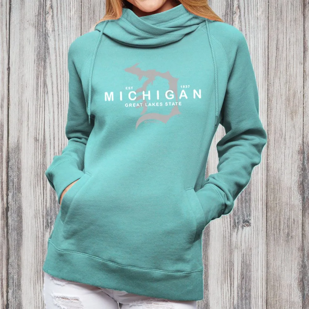 "Michigan D Established 1837" Women's Fleece Funnel Neck Pullover Hoodie