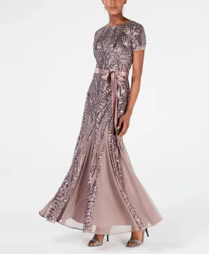 R&M Richards Women's Sequin Embellished Pleated Gown Purple 14