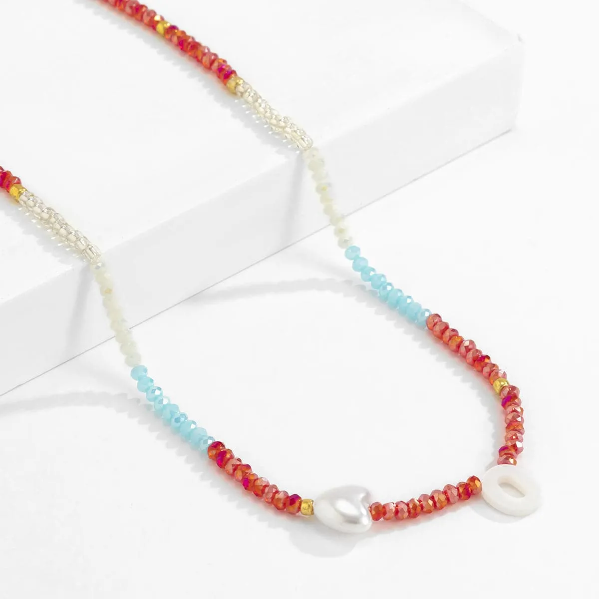 Red & Blue Acrylic Pearl 18K Gold-Plated Heart Necklace