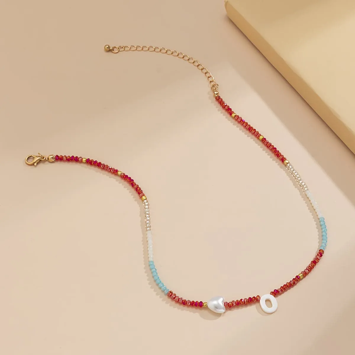 Red & Blue Acrylic Pearl 18K Gold-Plated Heart Necklace
