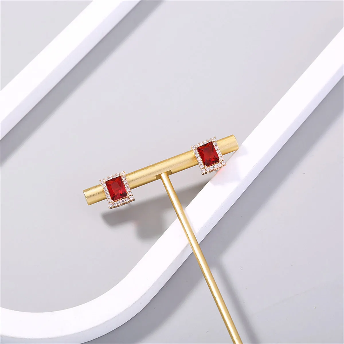 Red Crystal & Cubic Zirconia 18K Gold-Plated Rectangle Halo Stud Earrings
