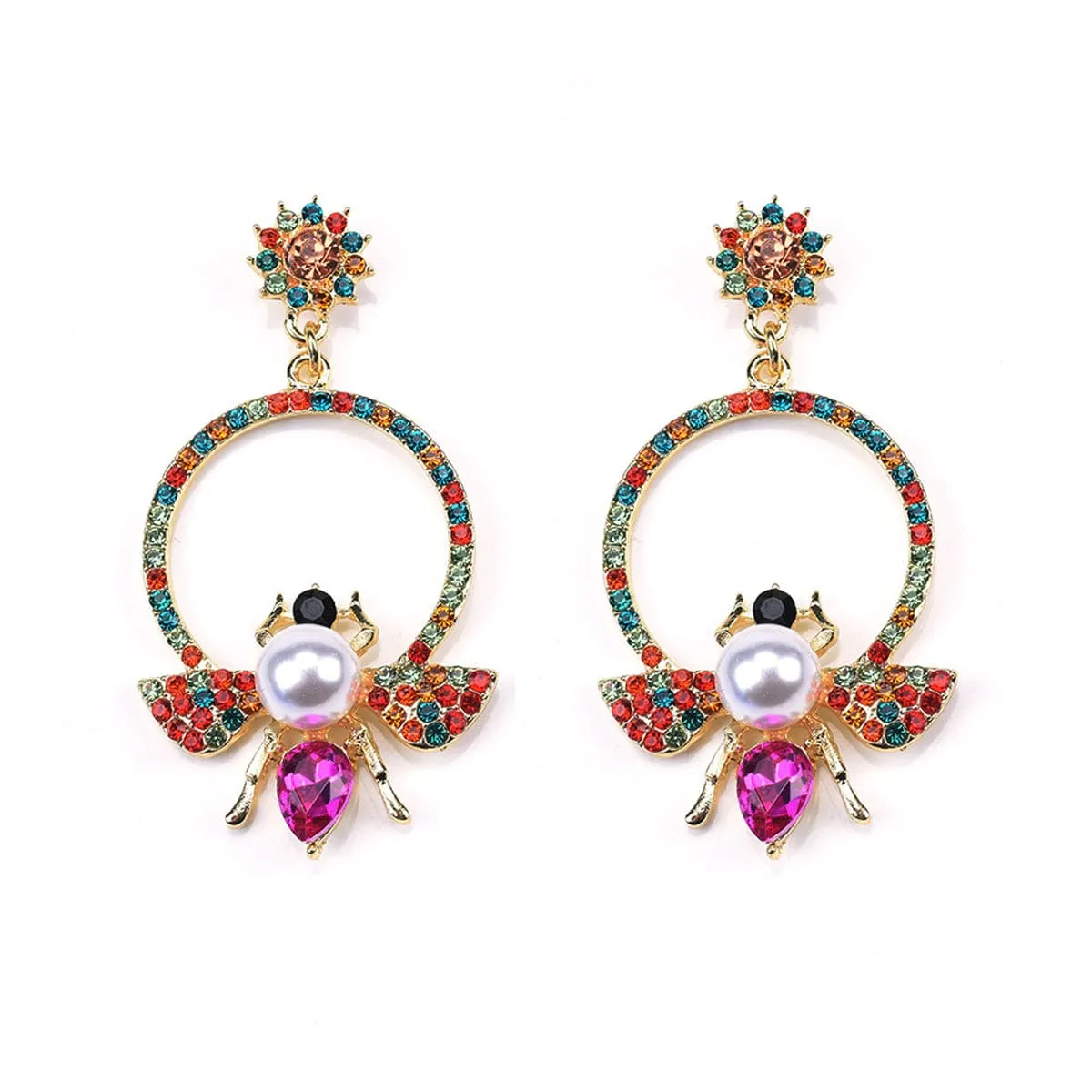 Red Cubic Zirconia & Crystal Bee Circle Drop Earrings
