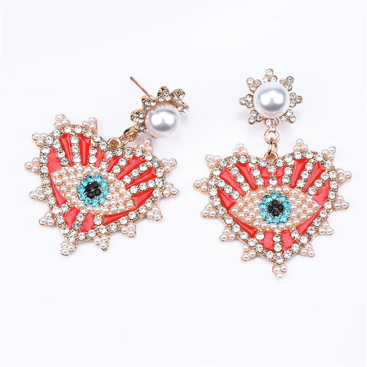 Red Enamel & Cubic Zirconia 18K Gold-Plated Eye In Heart Drop Earrings