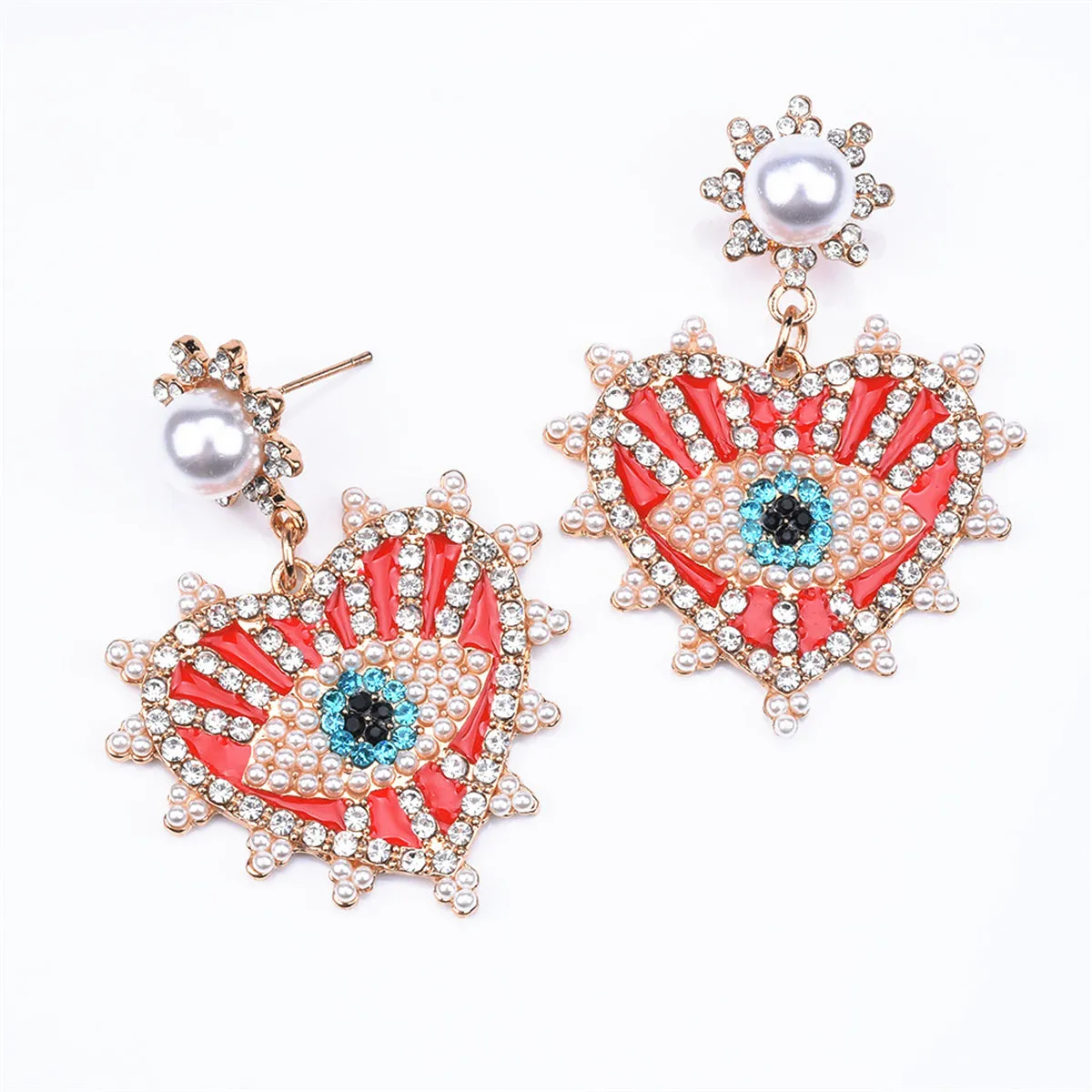 Red Enamel & Cubic Zirconia 18K Gold-Plated Eye In Heart Drop Earrings