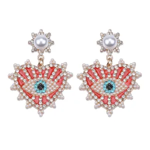 Red Enamel & Cubic Zirconia 18K Gold-Plated Eye In Heart Drop Earrings