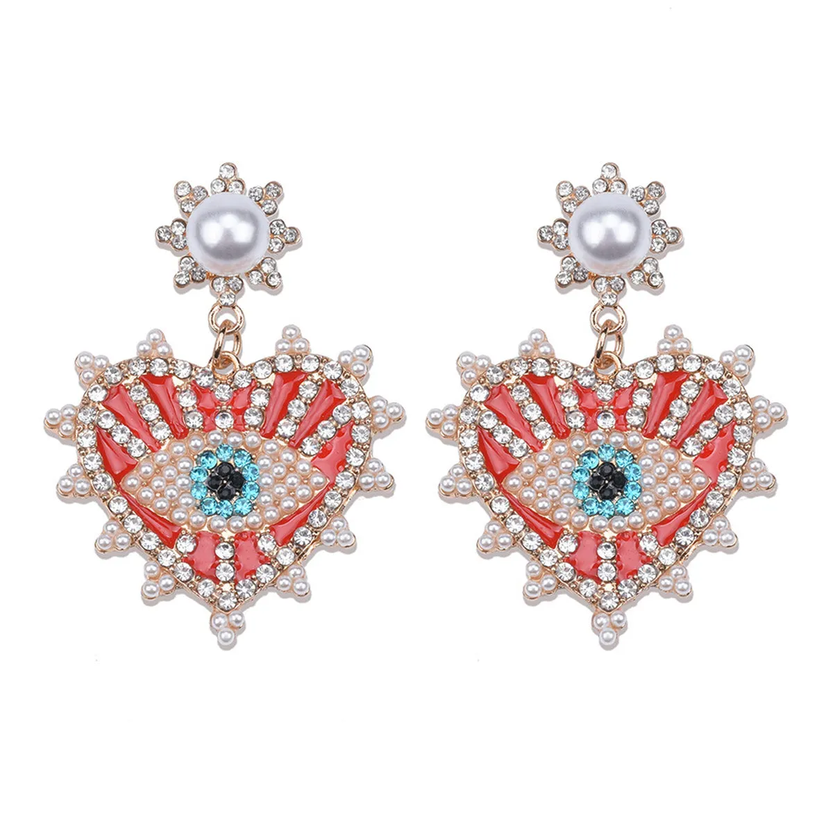 Red Enamel & Cubic Zirconia 18K Gold-Plated Eye In Heart Drop Earrings