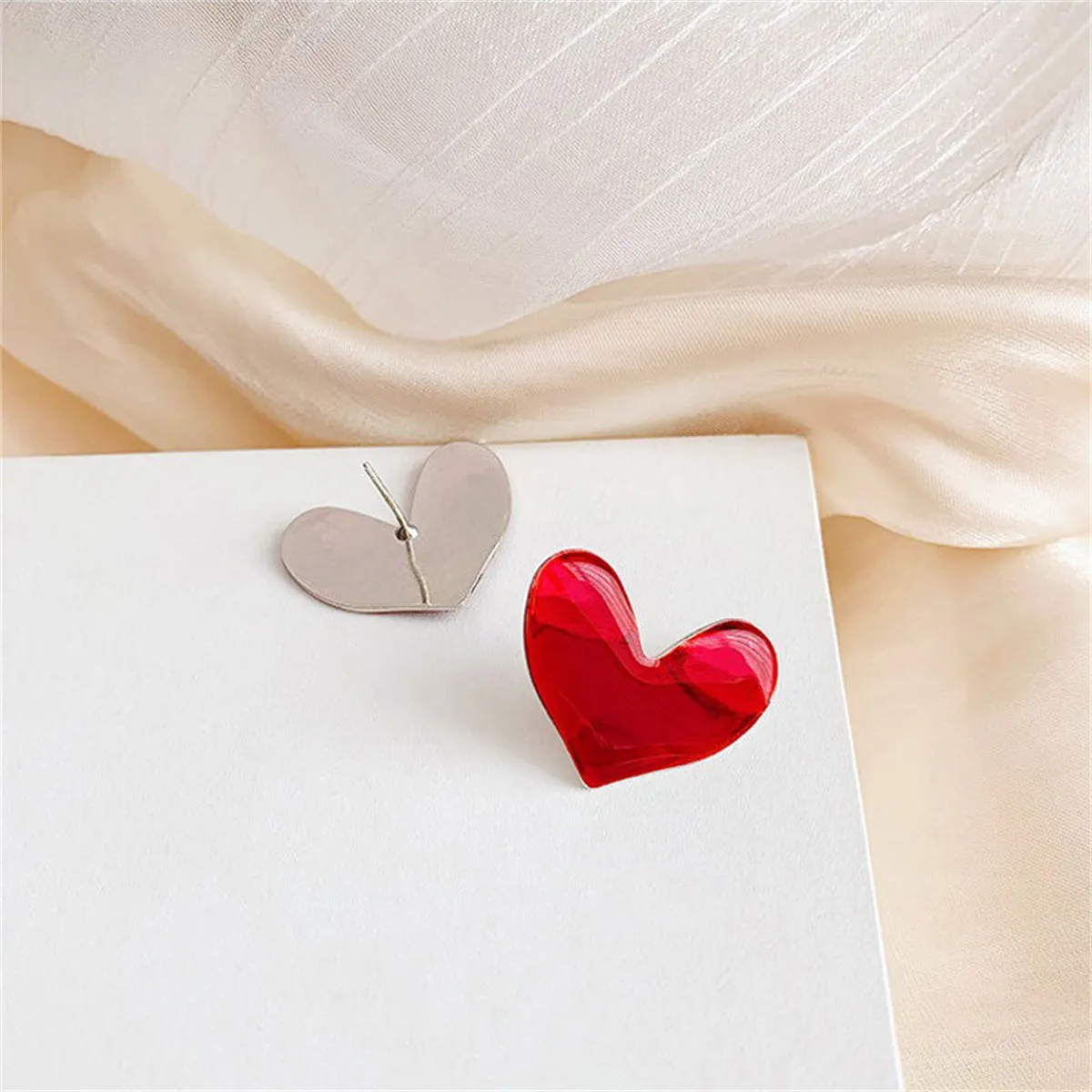 Red Enamel & Silver-Plated Heart Stud Earring
