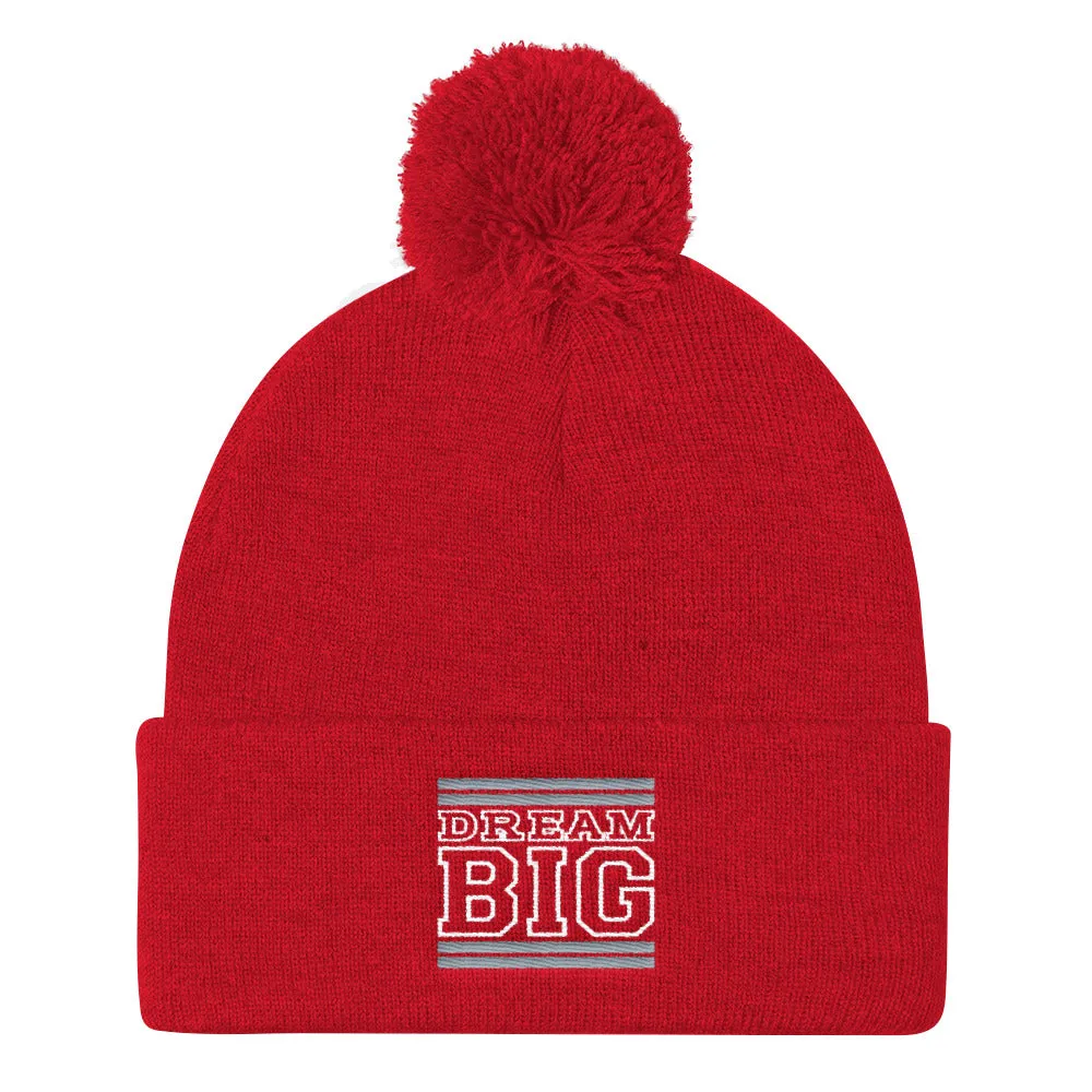 Red Grey and White Pom Pom Beanie