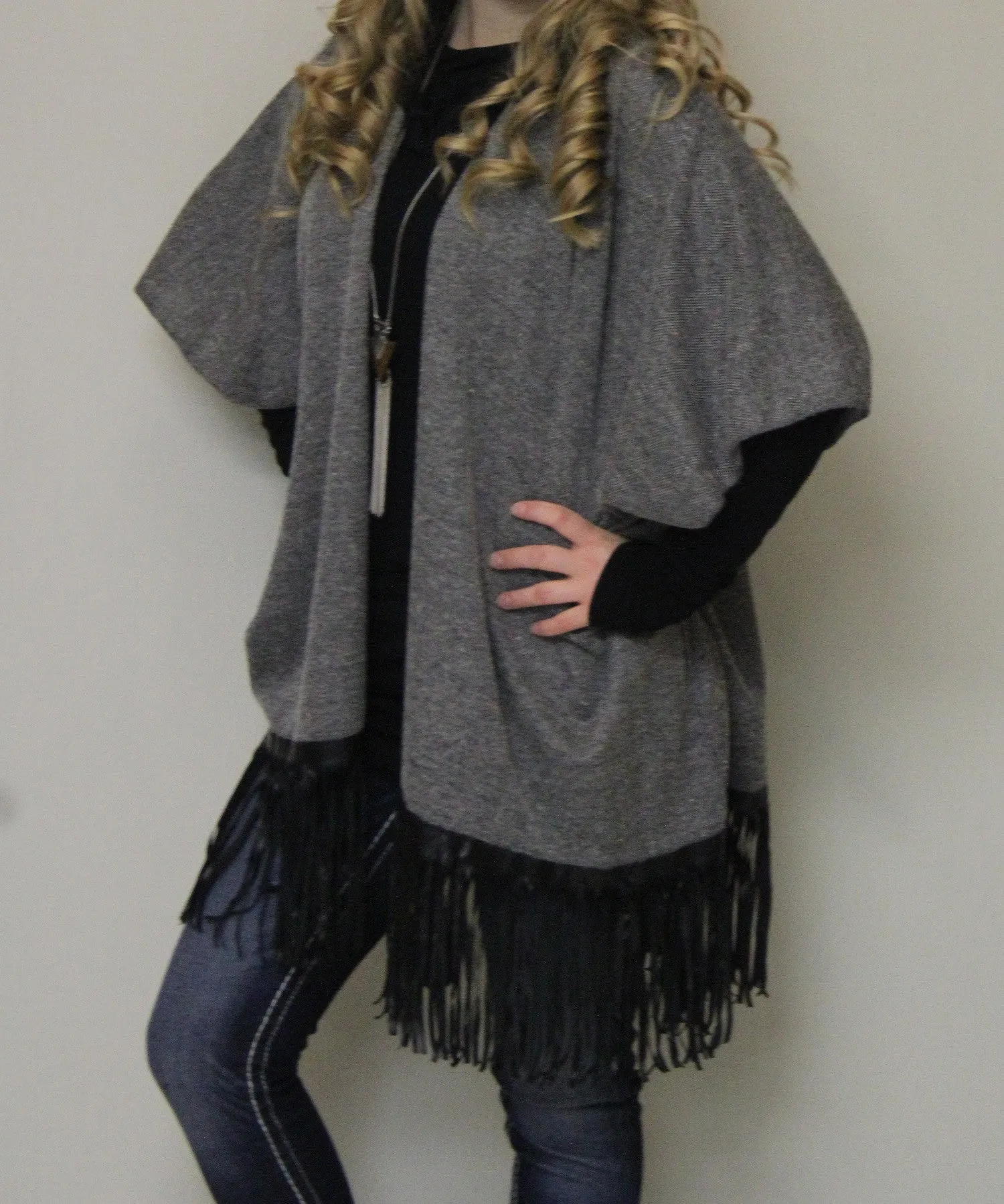 Renee C. | Grey Cardigan with Black Leather Tassels