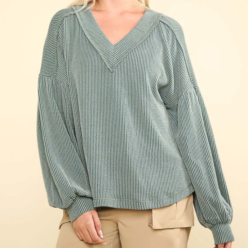 Ribbed V-Neck Oversized Long Sleeve Knit Top