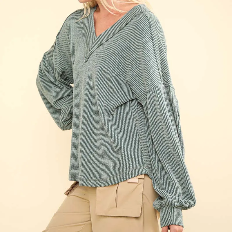 Ribbed V-Neck Oversized Long Sleeve Knit Top
