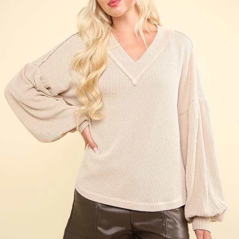 Ribbed V-Neck Oversized Long Sleeve Knit Top