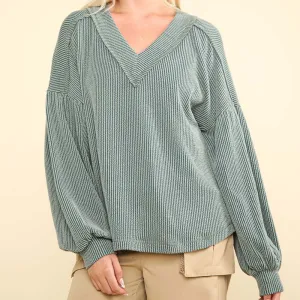 Ribbed V-Neck Oversized Long Sleeve Knit Top
