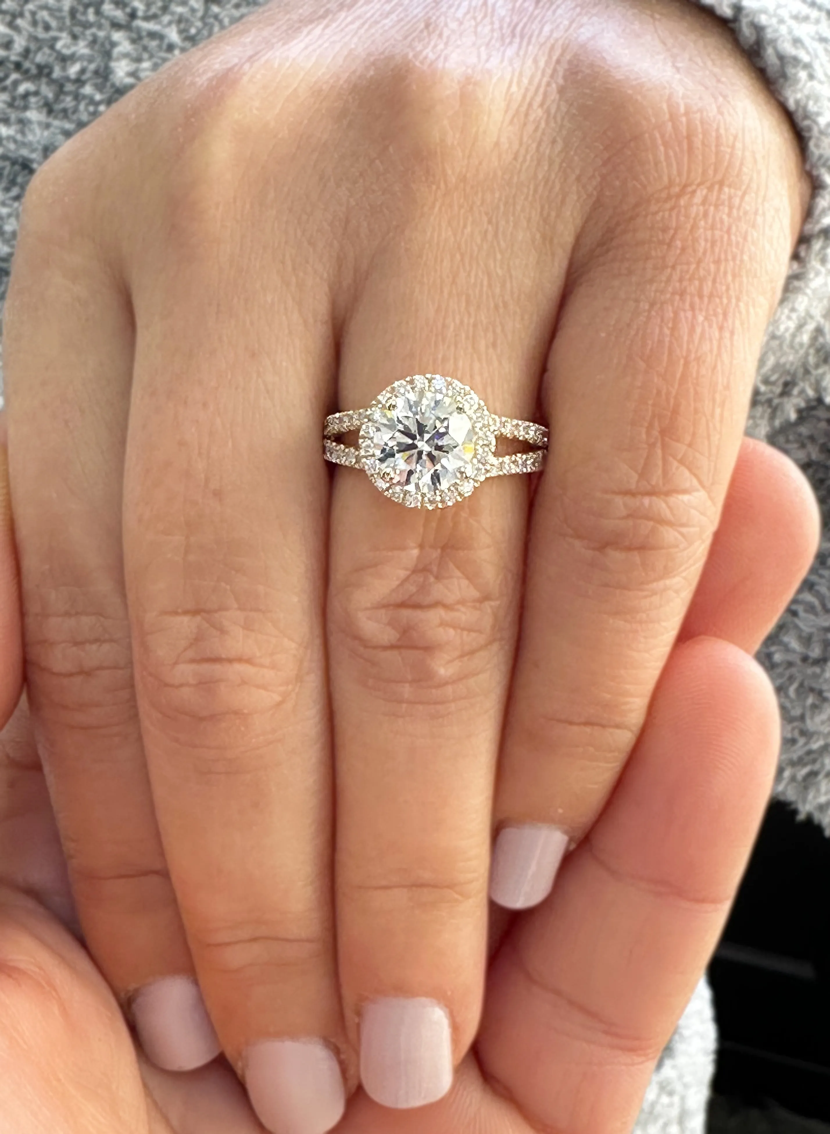 Round Cut Moissanite Engagement Ring Halo Style In 14k Solid Yellow Gold Split Shank Style Wedding Ring Women's Bridal Ring 2.20ctw