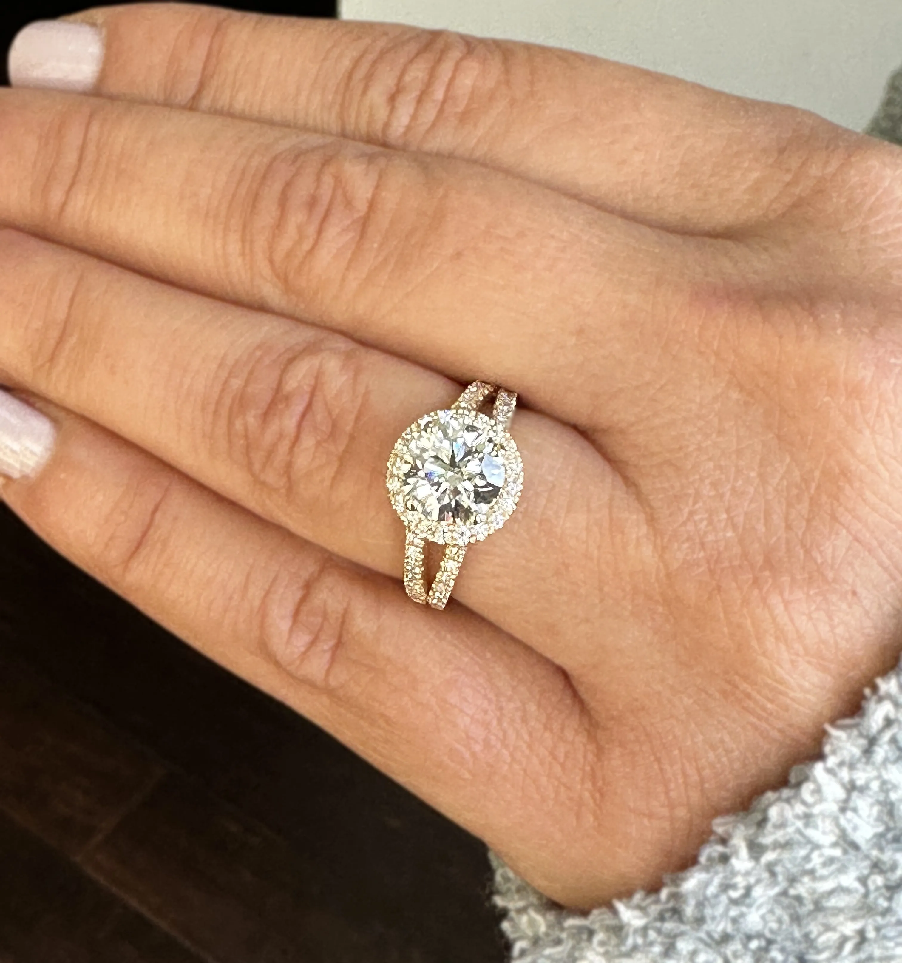 Round Cut Moissanite Engagement Ring Halo Style In 14k Solid Yellow Gold Split Shank Style Wedding Ring Women's Bridal Ring 2.20ctw