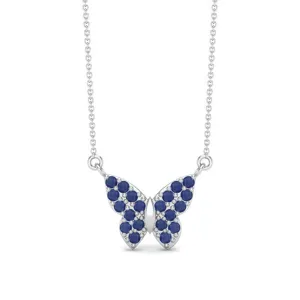 Round Natural Blue Sapphire Gemstone 925 Sterling Silver Butterfly Women's Chain Necklace