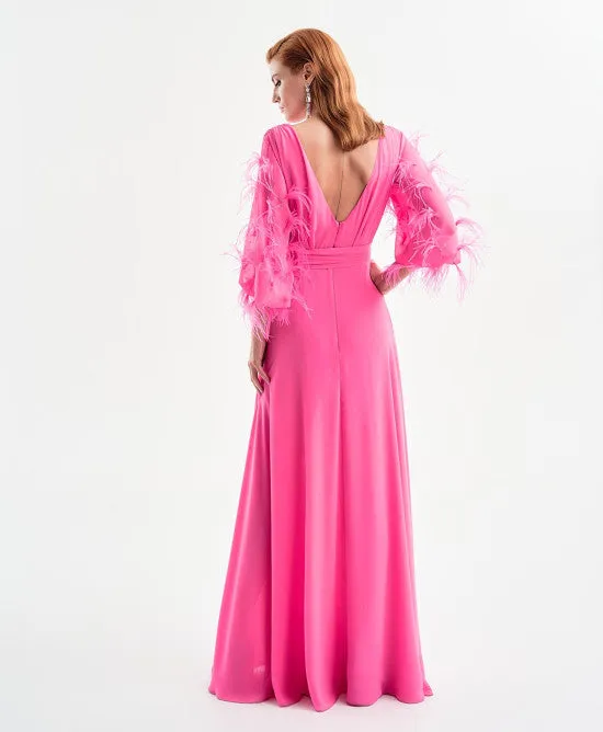 SALE Fuschia Maxi dress with feather sleeves