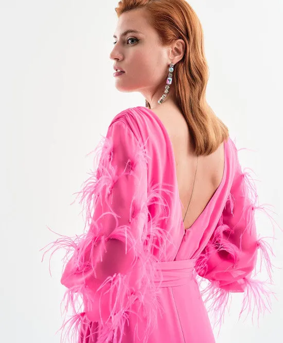 SALE Fuschia Maxi dress with feather sleeves