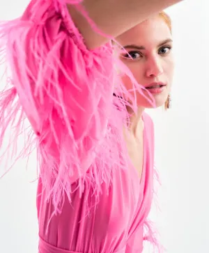 SALE Fuschia Maxi dress with feather sleeves