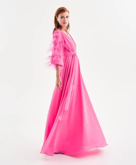 SALE Fuschia Maxi dress with feather sleeves