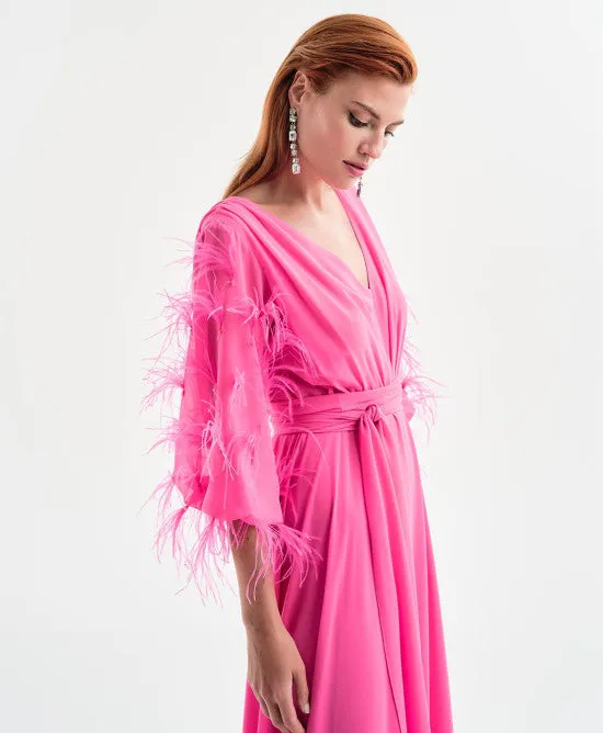 SALE Fuschia Maxi dress with feather sleeves