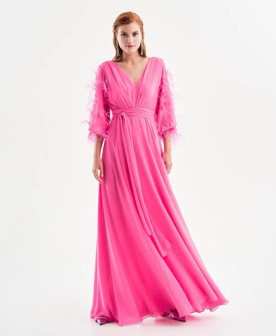 SALE Fuschia Maxi dress with feather sleeves