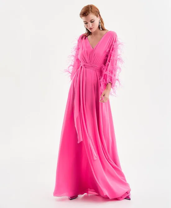 SALE Fuschia Maxi dress with feather sleeves