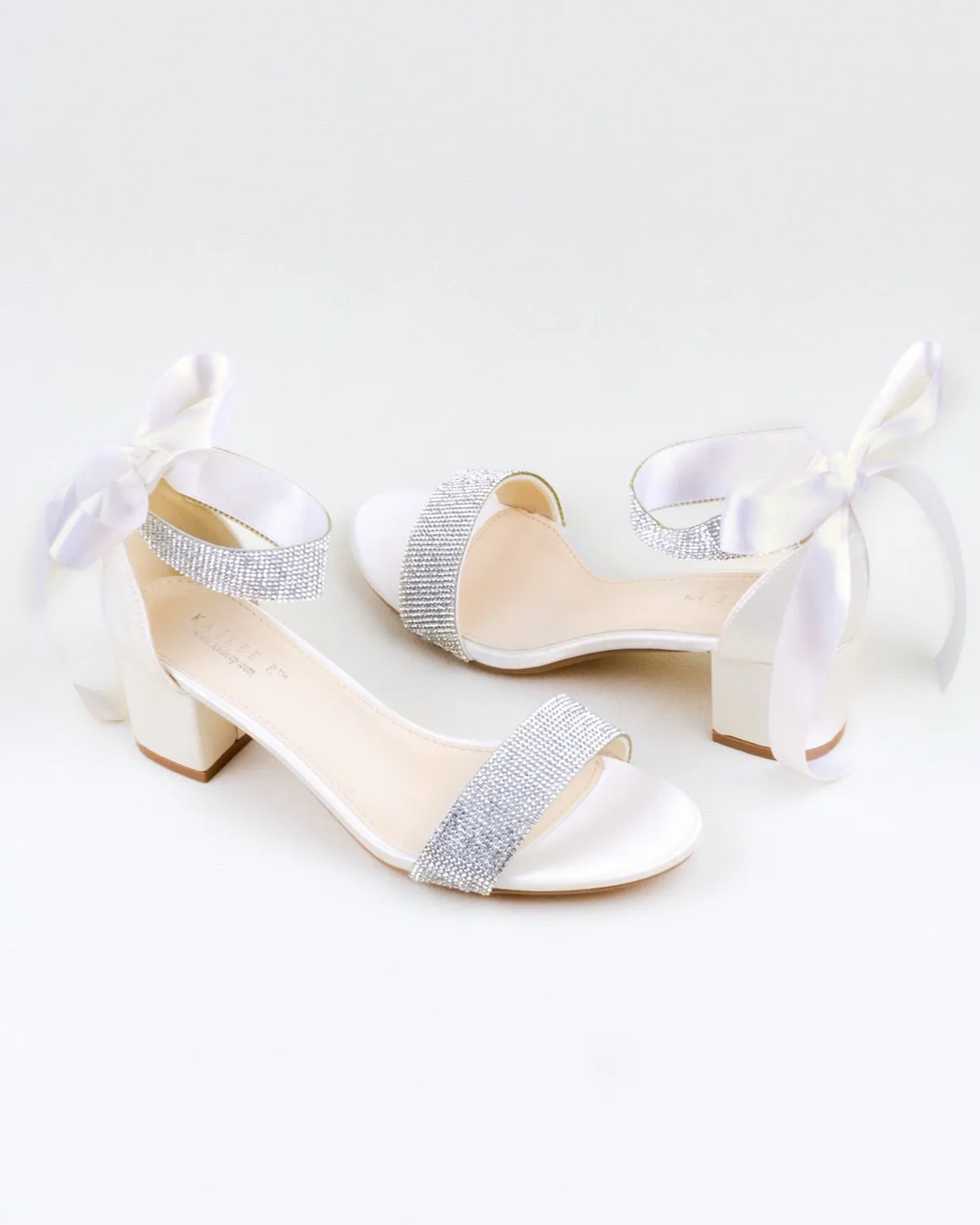 Satin Block Heel Evening Sandals with Rhinestones Strap