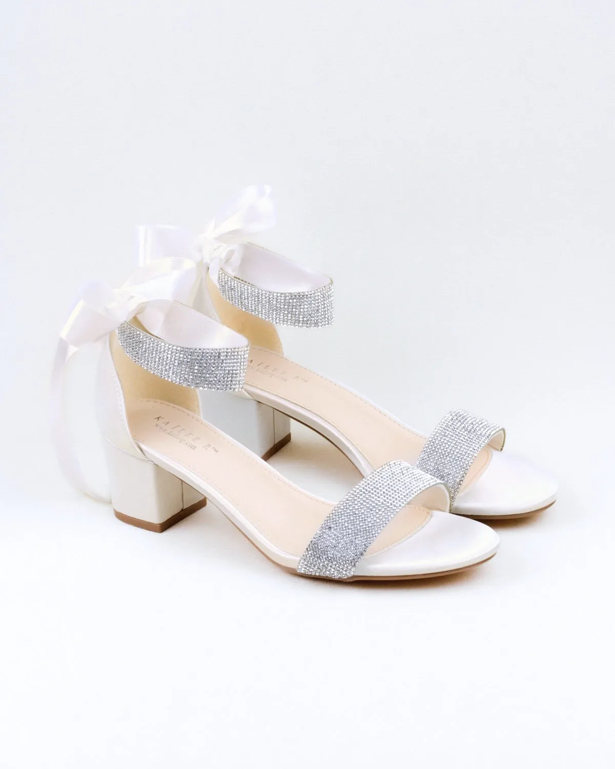 Satin Block Heel Evening Sandals with Rhinestones Strap