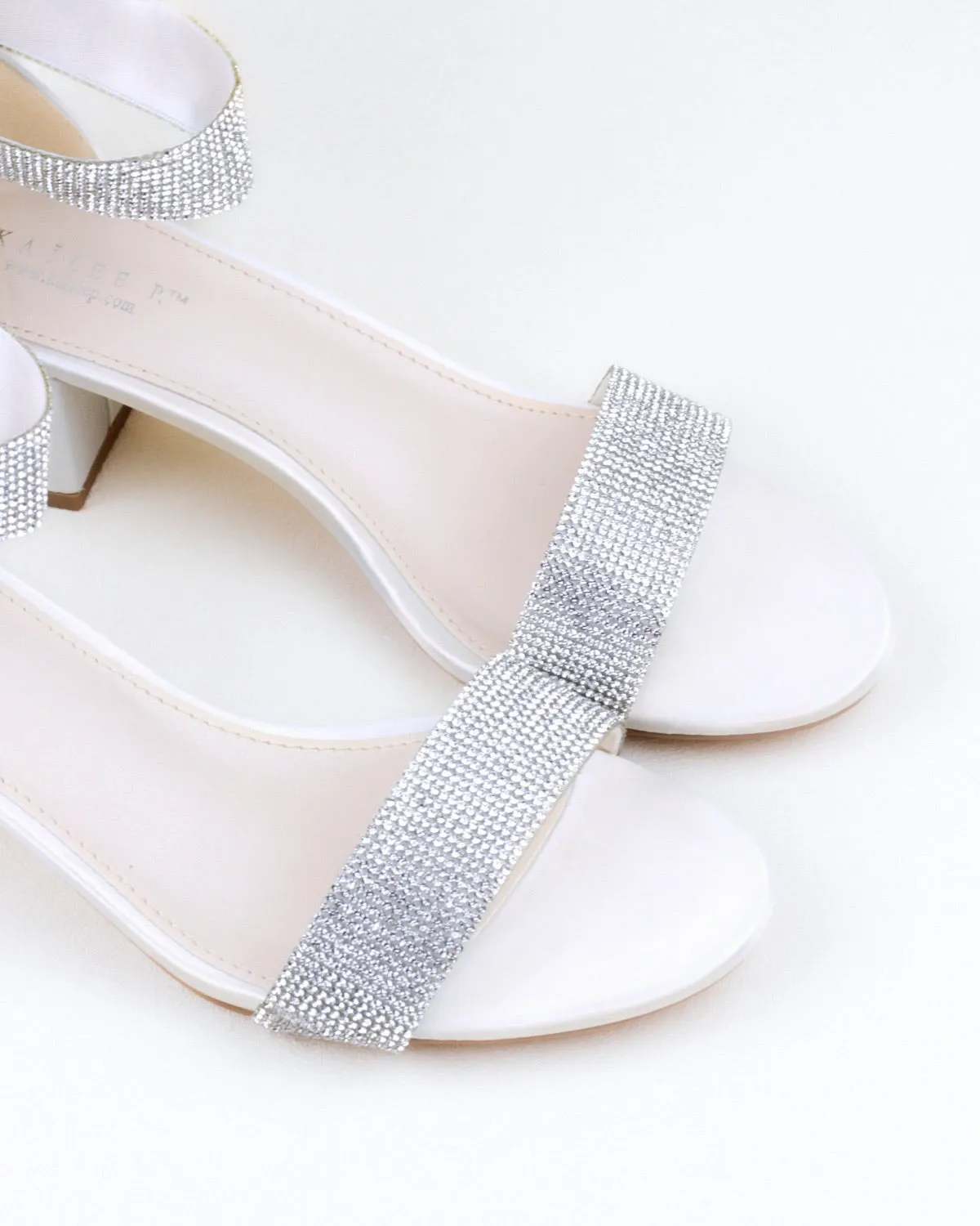 Satin Block Heel Evening Sandals with Rhinestones Strap