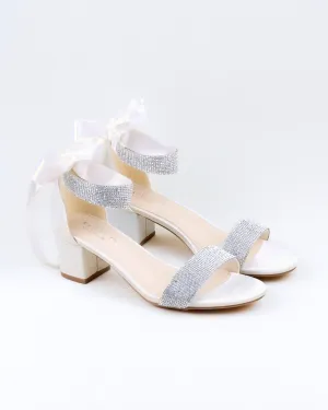 Satin Block Heel Evening Sandals with Rhinestones Strap