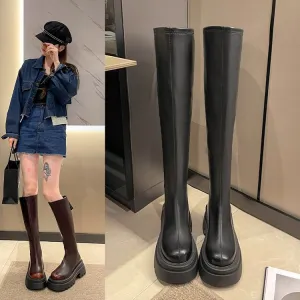 Sense of design~ Round head thick-soled versatile knight boots women's popular autumn and winter retro thick-heeled boots