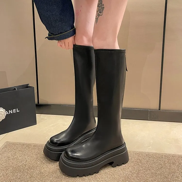 Sense of design~ Round head thick-soled versatile knight boots women's popular autumn and winter retro thick-heeled boots