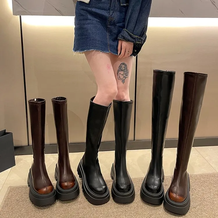 Sense of design~ Round head thick-soled versatile knight boots women's popular autumn and winter retro thick-heeled boots