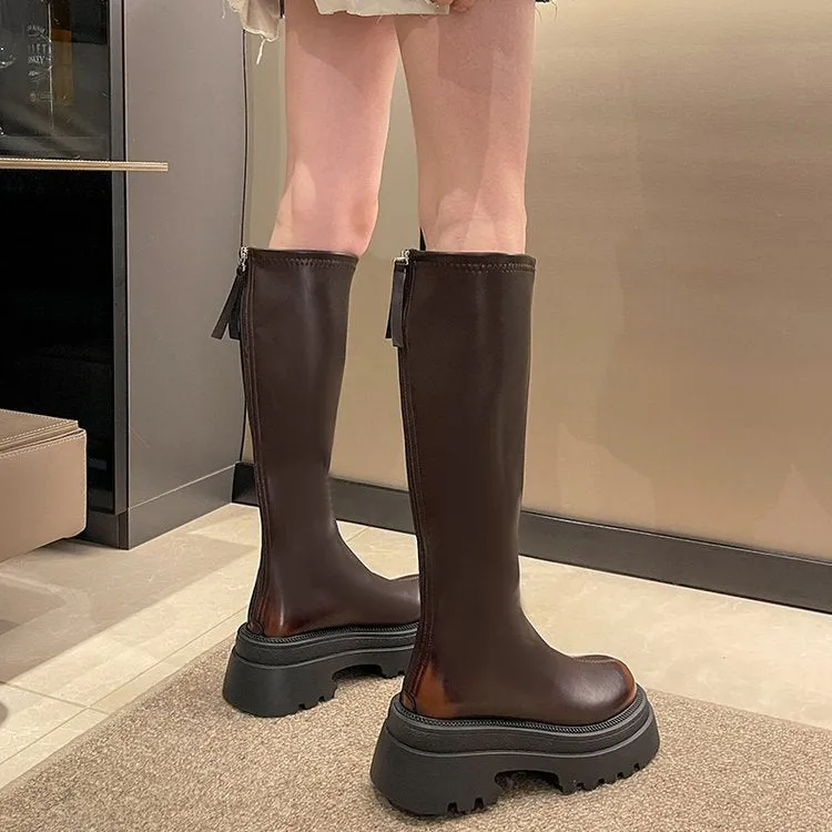 Sense of design~ Round head thick-soled versatile knight boots women's popular autumn and winter retro thick-heeled boots