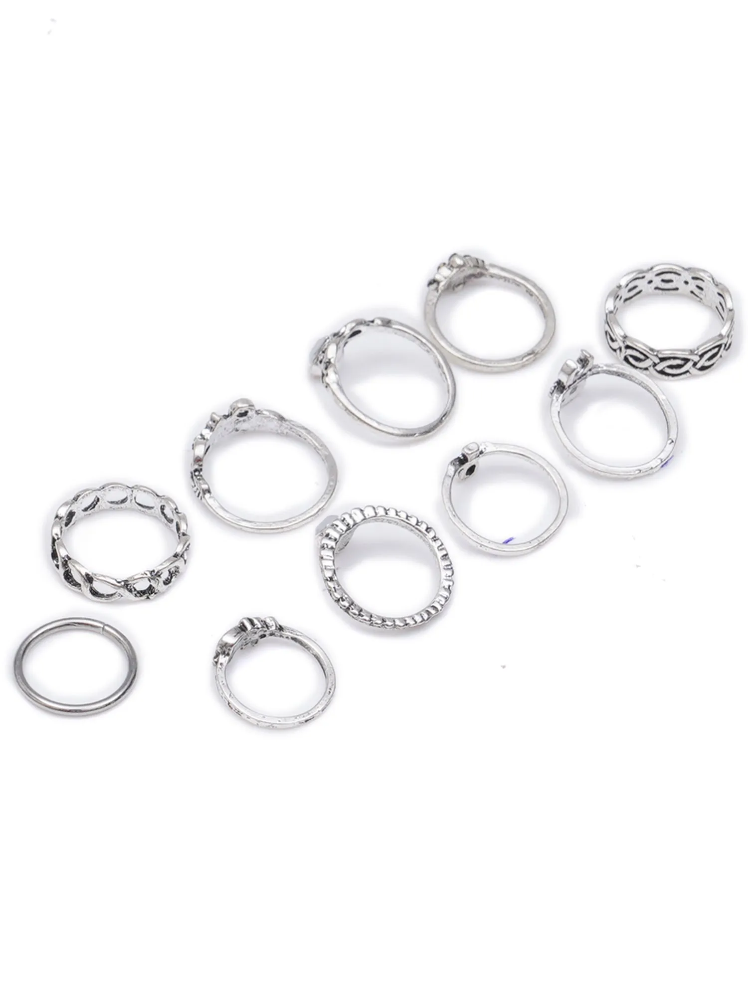 Set of 10 Oxidised Silver Midi Ring for Women
